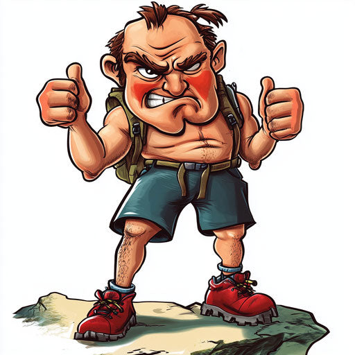 Humorous caricature of a hiking caricature clipart with human characteristics, exaggerated rosy cheeks, muscular legs, waving, vibrant colors, cartoon style, thumbs down, high resolution, no background, isolated