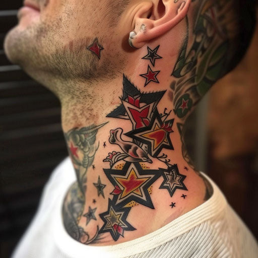 Neck tattoo with traditional nautical stars, style Sailor Jerry