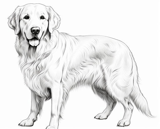 Drawing of golden retriever dog, clean and sharp inking style, light gray and white