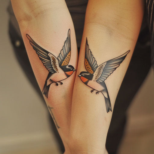 Mother and daughter tattoos of vintage swallows on arm
