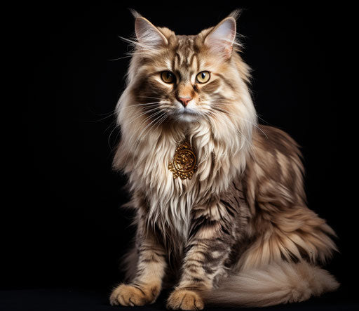 Cat sitting in Lyon on black background, light gold and dark brown style