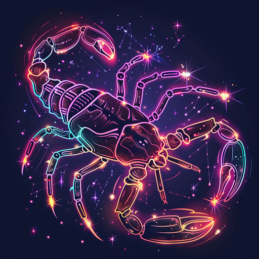 Futuristic tattoo sketch in clipart style, portraying the Scorpio constellation with glowing neon outlines