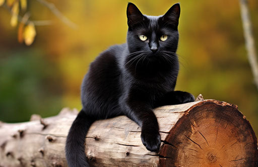 A black cat sitting on a log, in the style of wiccan, stron