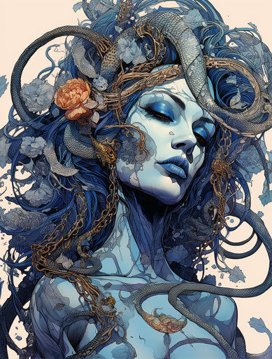 Egyptian head with snakes, blue, marine world