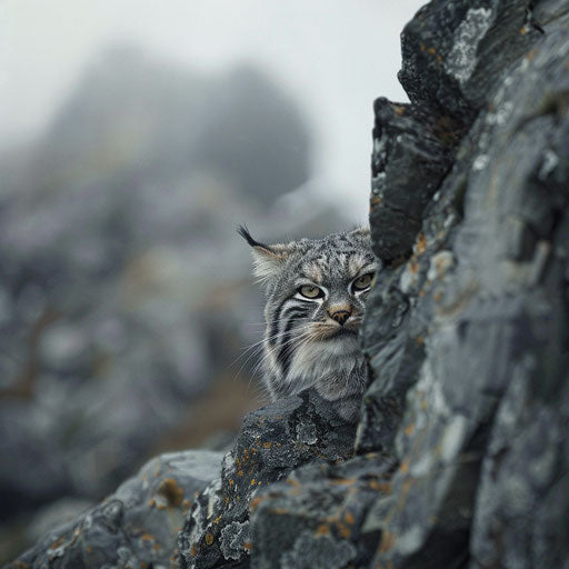 A Pallas's cat blending into a rocky, misty landscape