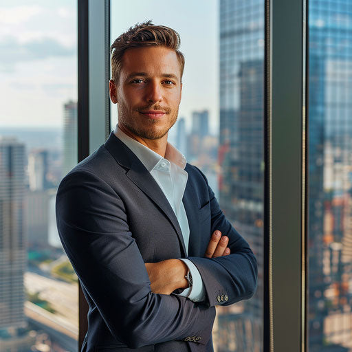 Panoramic view of a confident professional in front of a large window