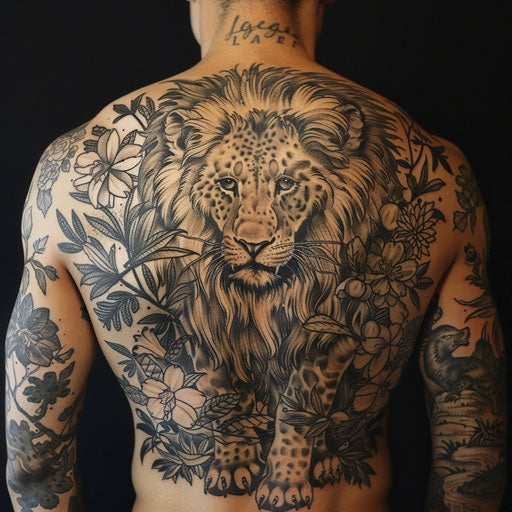Cool tattoos for men with detailed lion, Maria Sibylla Merian style, back