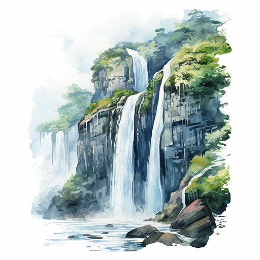 Waterfall clipart in the style of Oil painting, on a white background