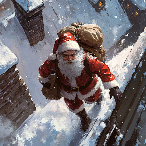 Santa sneaking through a snowy rooftop, his bag of gifts slung over his shoulder, a chimney awaiting his descent.