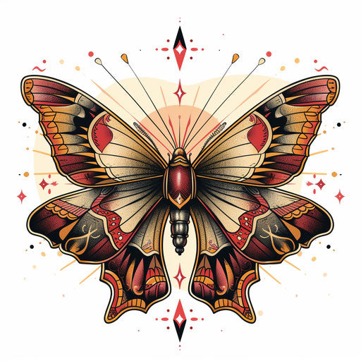 Traditional butterfly with folk art patterns, red and gold
