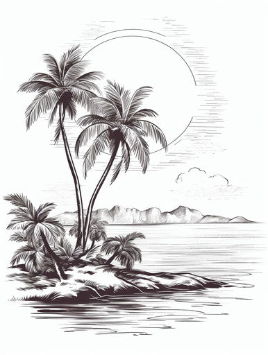 Isolated tropical island with palm trees and sun, black and white drawing style