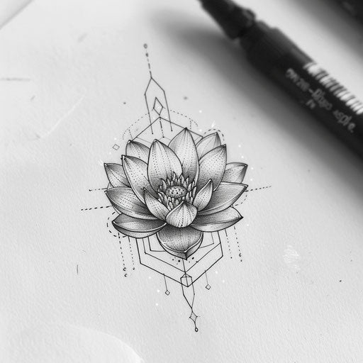 Intricate geometric tattoo design with lotus flower