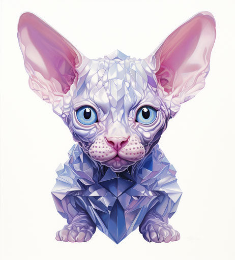 Sphynx kitten sitting on white background, maroon and indigo style