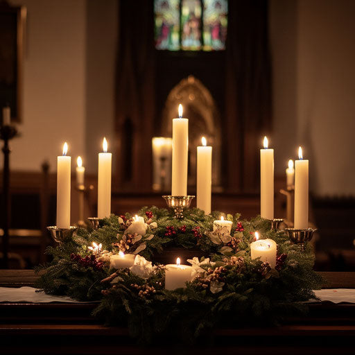 Traditional Advent wreath with lit candles on a church altar