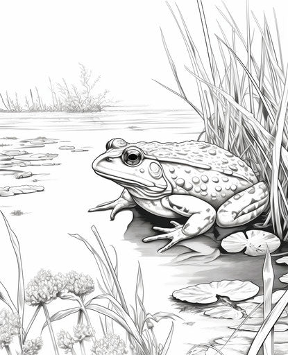 Free frog coloring page, in the style of Kazimierz Dąbrowski, Albert Bloch, Charles Spencelayh, calm waters, unpredictable, Konica Auto S3, unique 25:31
