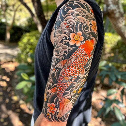 Japanese koi fish arm tattoo in the style of Ami James