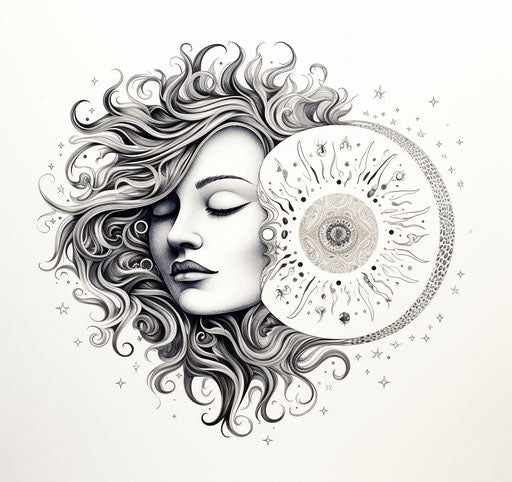 Sun and moon in tattoo design, ink drawing style