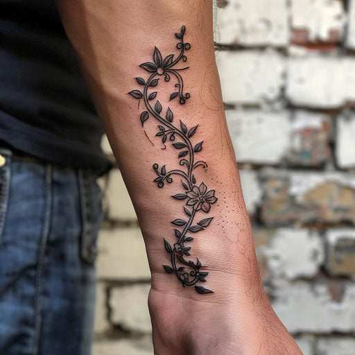 Detailed floral vine wrist tattoos for men, Maria Sibylla Merian style