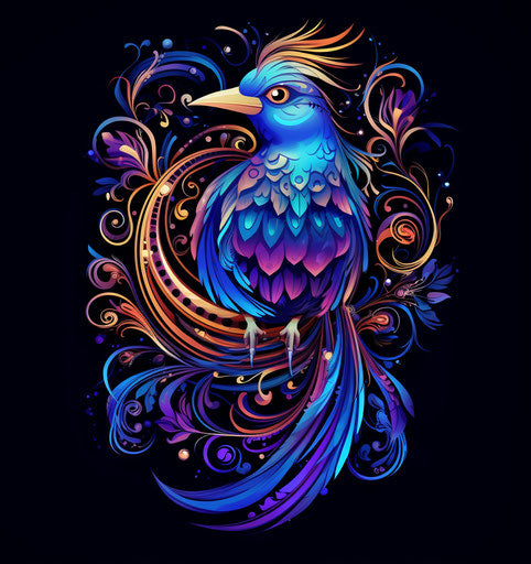 Traditional blue and purple bird in mythological-inspired fanciful ornamentation style