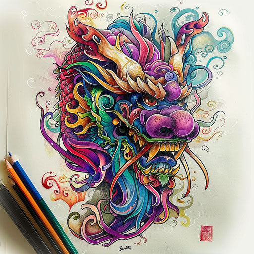 Fantasy-themed tattoo sketch of an oriental mythological creature with whimsical elements and vibrant colors