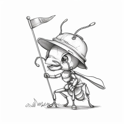 A playful ant with a hat and a small flag