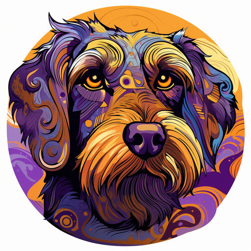 Stylized schnauzer dachshund, purple and gold patterns