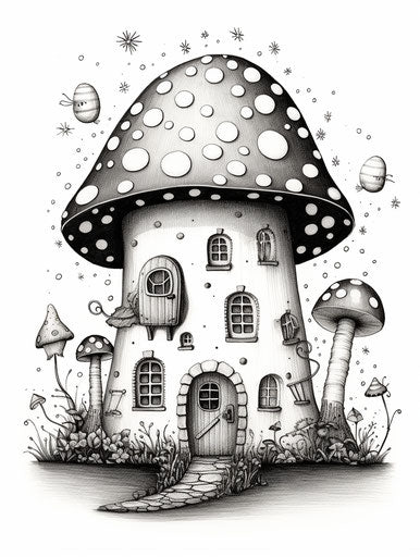 Mushroom house with stars, jane crowther style, hand-colored