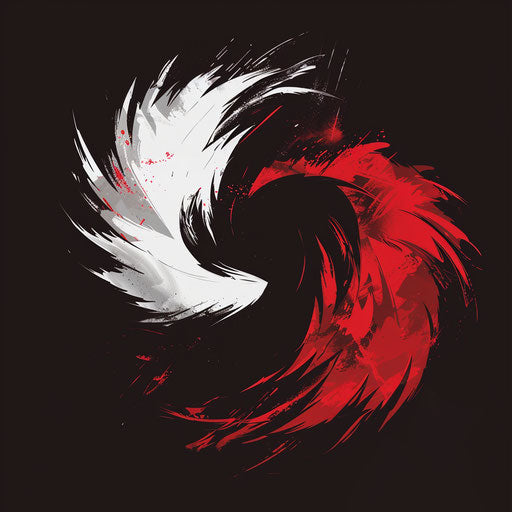 Edgy logo design art in white and red, against a dark background