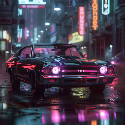 1969 Chevrolet Chevelle SS in cyberpunk scene with futuristic tech and neon accents