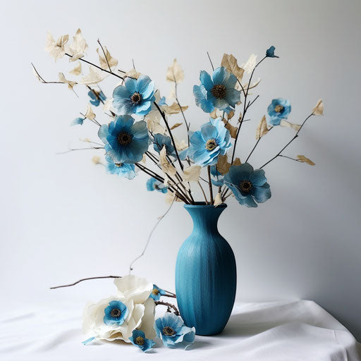 Blue flowers in a vase on white table