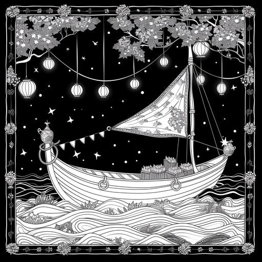 Whimsical boat illuminated at night