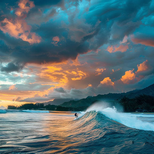 Hanalei Bay Beach, Kauai with surfer under dramatic sky