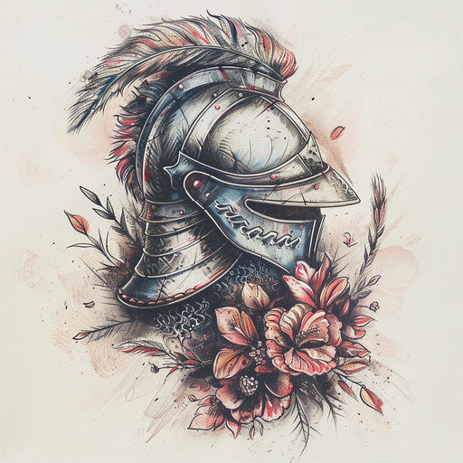 Vintage tattoo sketch of knight's helmet with feather details