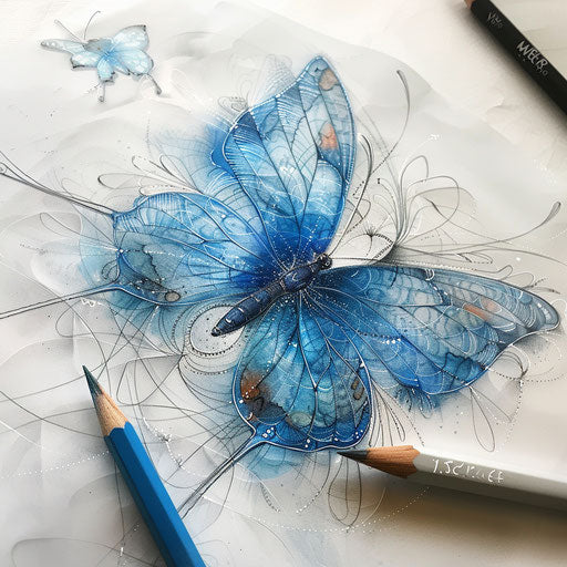 Flat tattoo sketch of a romantic blue butterfly