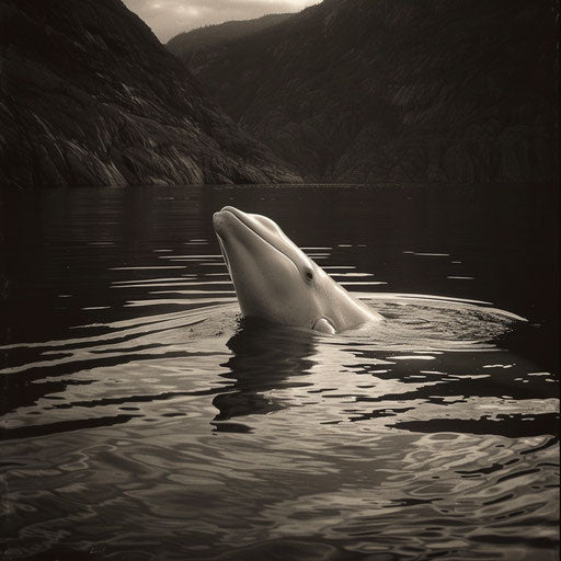 Beluga surfacing in a quiet fjord