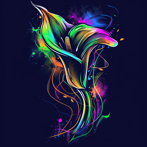 Sketch of calla lily tattoo with neon colors on black background