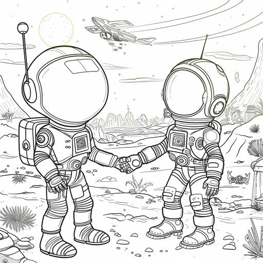 A playful scene of an astronaut and a friendly alien shaking hands. Coloring book page