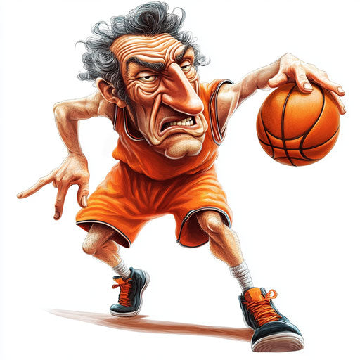 Humorous portrayal of a basketball player with exaggerated human features