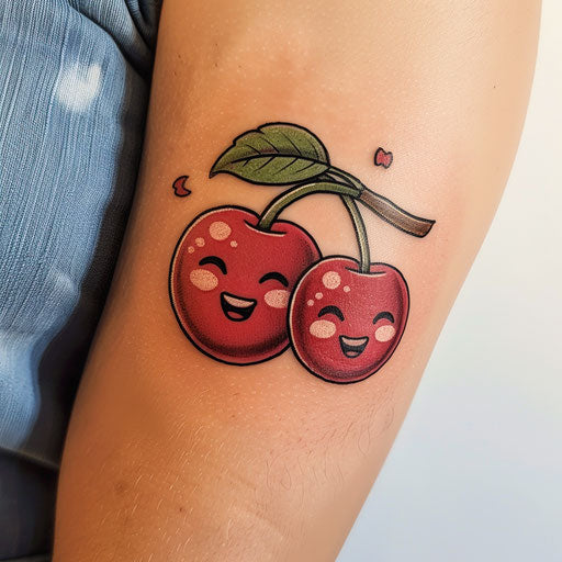 Cheerful cartoon-style cherry tattoo