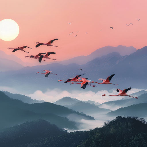 Flamingos flying over mountainous landscape at dawn