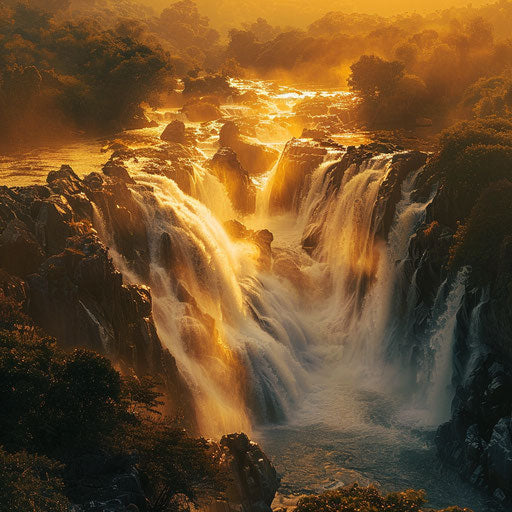 Hogenakkal Falls with golden light and cascading water