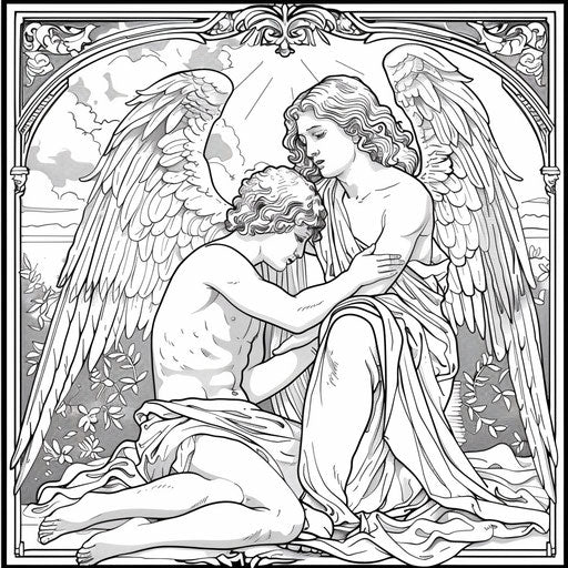 Detailed scene of an angel comforting someone in distress