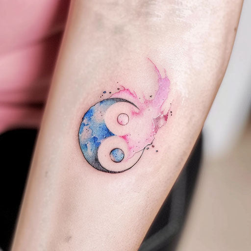 Watercolor yin and yang tattoo with soft blue and pink colors