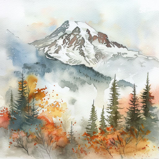 Watercolor illustration of Mount Rainier in autumn, mist
