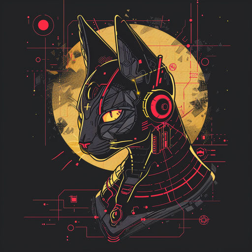 Futuristic flat tattoo sketch featuring Bastet with cybernetic, glowing elements