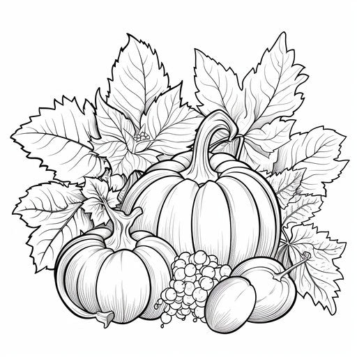 Pumpkin and leaf coloring page, captivating photorealistic style
