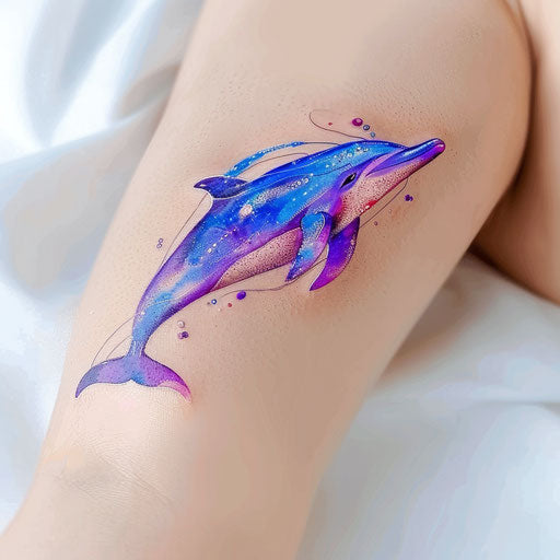 Neon blue and purple dolphin tattoo glowing on white