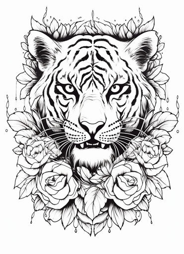 Realistic black and white tiger flora drawing for tattoo or party decor