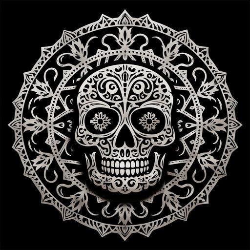 Tribal mandala pattern with skull, stencil-based figurative style, kushan empire