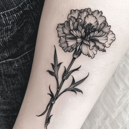 Gothic style carnation tattoo with dark themes and dramatic shading, on a plain white background